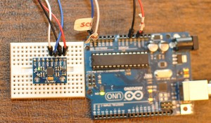 The GY-521 connected to an Arduino UNO. Additional connections are needed to use the I2Clib and FreeIMU libraries.
