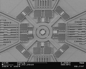 The interior of a 3-D MEMS Gyroscope Sensor is intricate and tiny (the width of this structure is only about 800 micrometers).