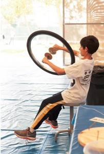 Demonstrating the conservation of angular momentum with a bicycle wheel and rotating stool.