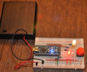 The project that the participants will be assembling in the workshop. An Arduino Nano clone drives several electrical circuits.