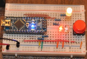 A closeup view of the circuits and components.