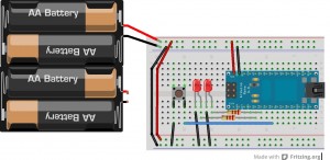 A Fritzing diagram of a breadboard layout with an Arduino Nano.