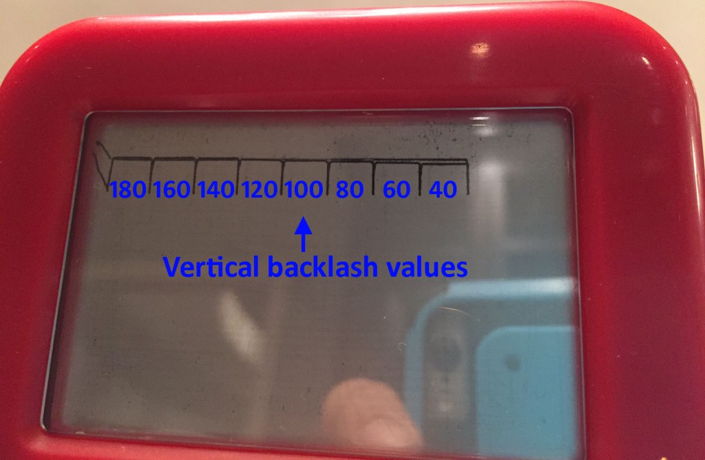 Etch A Sketch screen shows the effects of different backlash calibration values. Where the horizontal lines overlap the best is the best calibration value.