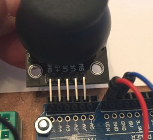 Closeup of joystick connections to Arduino Uno.