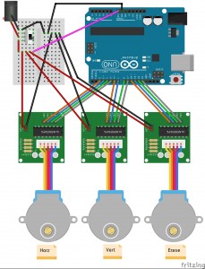 EtchABot wiring with Arduino powered from power adapter.