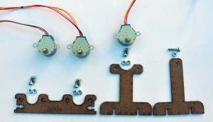 28BYJ-48 motors attach to the parts shown with 6 M4 8mm screws, and the left support gets an M4 16mm screw.