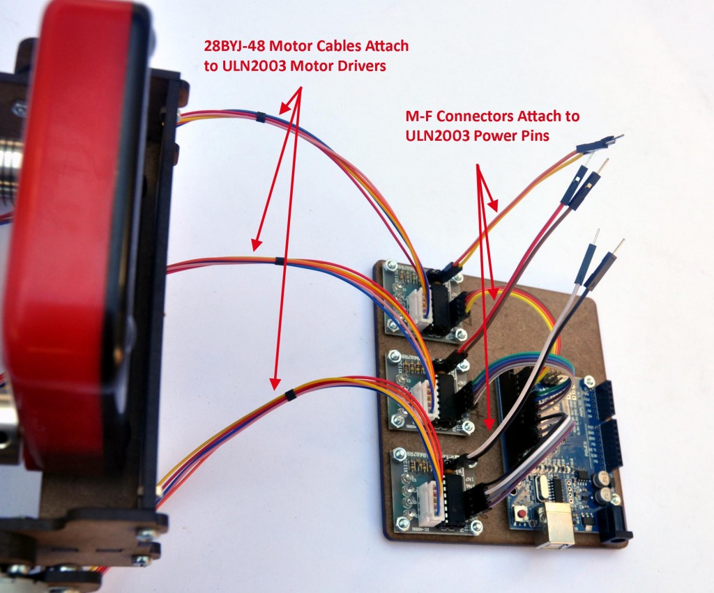 Power and motor cables connecting to ULN2003 motor drivers.