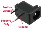 Labeled leads on the barrel jack to breadboard connector.