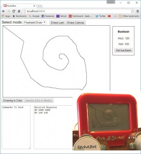EtchABot software renders a freehand on-screen drawing. The extra line on the Etch A Sketch is the stylus returning to the origin.