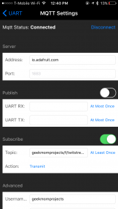 The Adafruit Bluefruit Bluetooth App can subscribe to data from a specified MQTT feed.