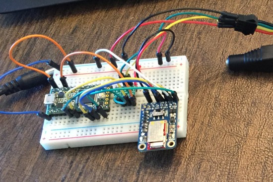 Breadboard wiring of the Teensy, Bluefruit LE and voltage adapter.