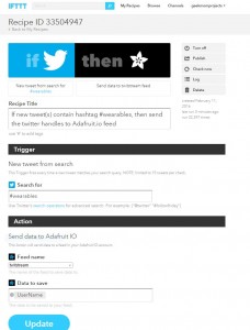 IFTTT Recipe to send Twitter search results to an Adafruit.io feed